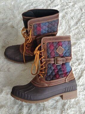 Kamik Sienna Womens Size 10 Winter Duck Boots Leather Plaid 3M Thinsulate Brown